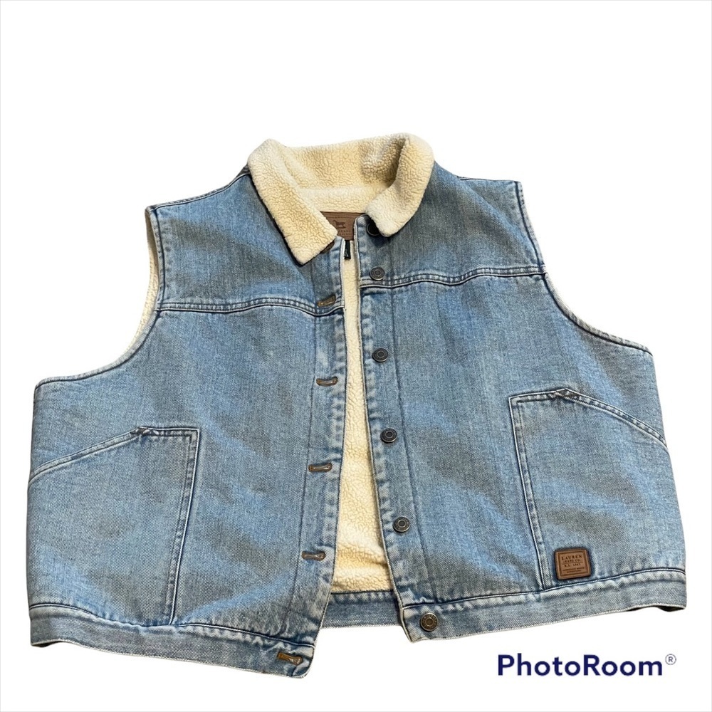 Lauren Ralph Lauren denim Sherpa lined button front vest pockets size 2X